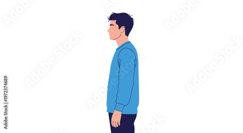 Profile view portrait of a young man with dark hair wearing a blue long sleeved sweater on a white background scene.