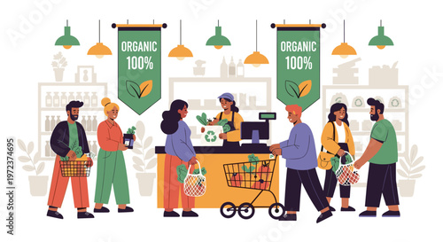 Busy organic grocery store scene with diverse customers shopping for fresh vegetables and a cashier at the counter.