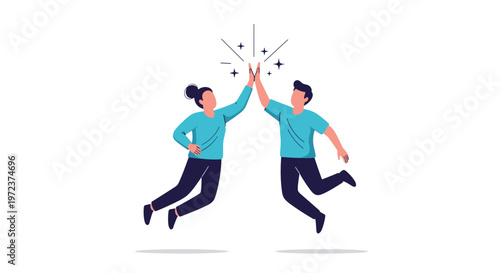 Happy young man and woman jumping in the air and giving each other a high five to celebrate a success or victory.