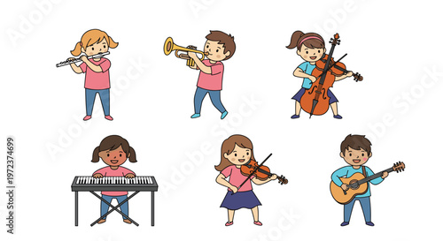 Group of diverse children happily playing various musical instruments including a flute trumpet cello and keyboard.