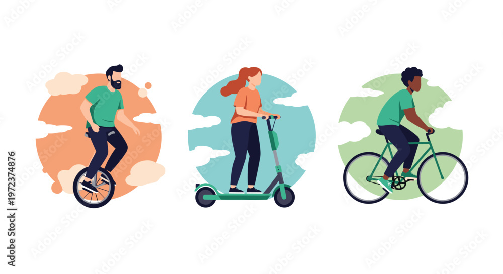 Obraz premium Illustrations of three people using different eco-friendly urban transport methods like a unicycle, electric scooter, and bicycle.