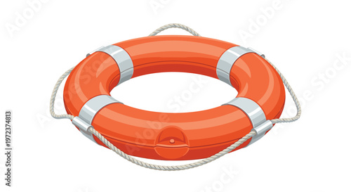 Classic orange and white lifebuoy with a sturdy rope around it, designed for water safety and emergency rescue at sea or on a boat.