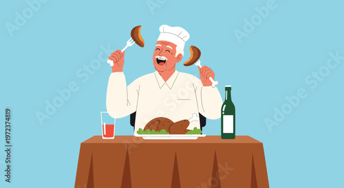 Happy senior chef in a white uniform and hat enjoying a delicious meal of roasted chicken and wine at a set dining table.
