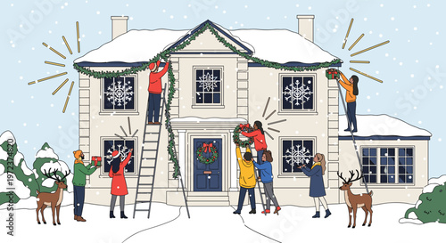 Large group of people working together to decorate a beautiful two-story house with garlands, wreaths, and snowflakes for the holidays.
