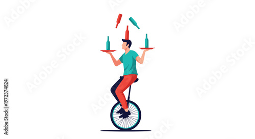 Skilled performer riding a unicycle while balancing a bottle on his head and juggling several other glass bottles on trays.