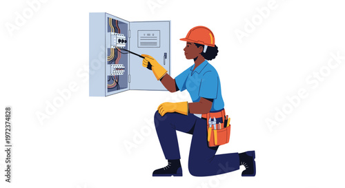 Professional female electrician in a blue shirt, hard hat, and safety gloves working on an open electrical circuit panel.