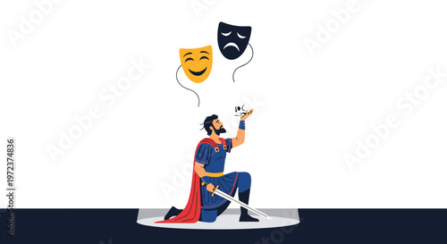 Dramatic actor in a blue tunic and red cape kneeling on stage while holding a skull and looking up at happy and sad theater masks.