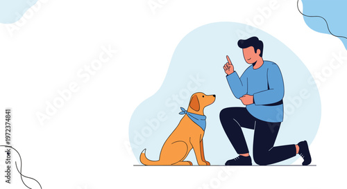 Patient man kneeling and using hand gestures to train his obedient golden retriever dog wearing a blue neck bandana.