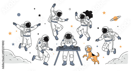 Fun scene of diverse astronauts in spacesuits and a dog in a helmet dancing and playing music with a DJ on the lunar surface.