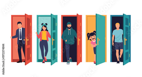 Conceptual illustration of five diverse people including a businessman and a child stepping out of various colored doors.