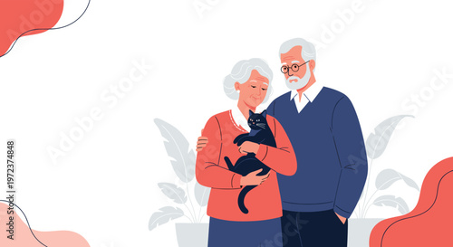Loving senior couple standing together with the woman holding a cute black cat while they share a warm and peaceful moment.