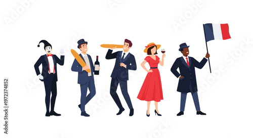 Set of characters representing French culture including a mime, a man with baguettes, a woman with wine, and a flag bearer.