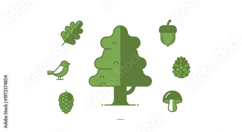 Green tree with forest elements around.