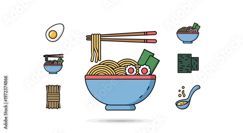 Colorful illustration of noodle bowl.