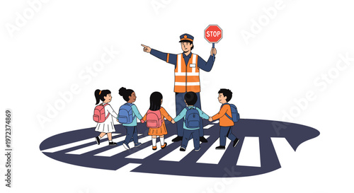 Responsible crossing guard in a safety vest holding a stop sign while helping a line of diverse school children cross the road.