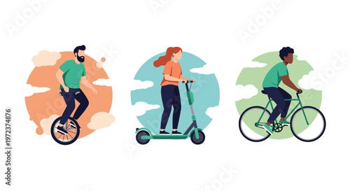 Illustrations of three people using different eco-friendly urban transport methods like a unicycle, electric scooter, and bicycle.