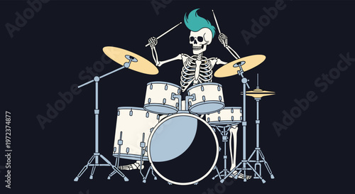 Cool skeleton with a bright green mohawk hairstyle passionately playing a full drum kit against a dark background.