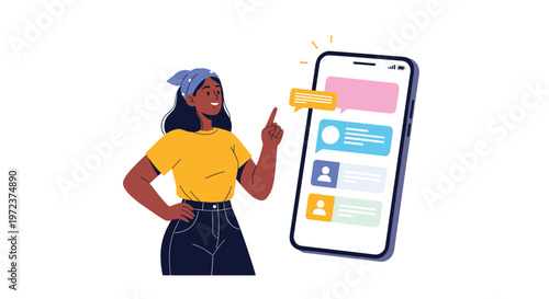 Young woman pointing at a giant smartphone screen displaying various colorful chat bubbles and profile icons for communication.