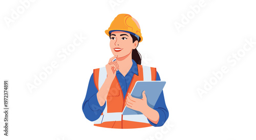 Pensive female construction supervisor in a hard hat and safety vest holding a tablet and touching her chin while thinking.