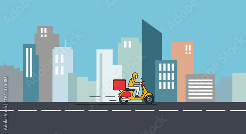 Food delivery service on a scooter with a city skyline in the background