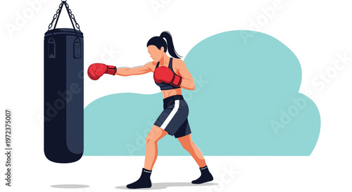 Female boxer in black and white sportswear training with a black heavy punching bag against a light blue abstract background.