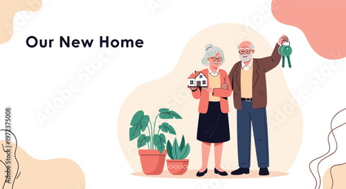 Senior couple holding a small house model and keys while standing together in their new home for retirement property achievement.