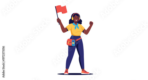 Female tour guide or event coordinator wearing a headset and holding a red flag while smiling for professional service concept.