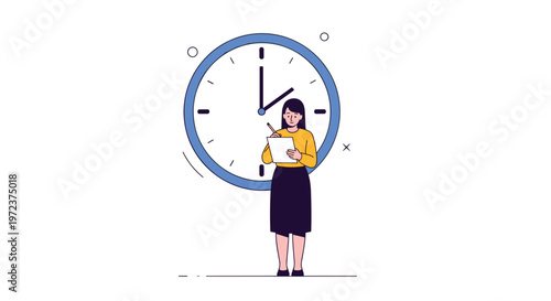 Young woman in professional attire taking notes on a clipboard in front of a large blue wall clock for time management concept.