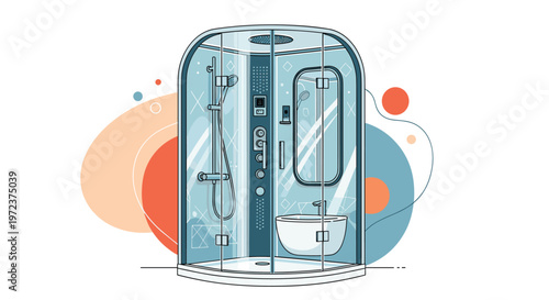 Modern luxury glass shower cabin with multiple shower heads, mirror, and a small sink against an abstract background in flat vector.