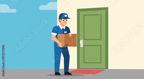 Professional delivery person in uniform holding a package outside a closed door, modern graphic illustration