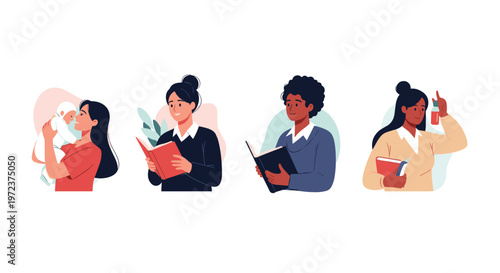 Diverse group of women in various roles including a mother with a baby and professionals reading books and using a spray bottle.