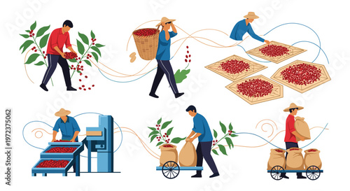 Set of farmers performing various stages of coffee production from harvesting berries to drying and bagging them for international trade.