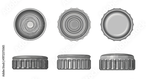 Top and side view set of silver metal bottle caps with ribbed edges and various surface patterns for beverage packaging concept.