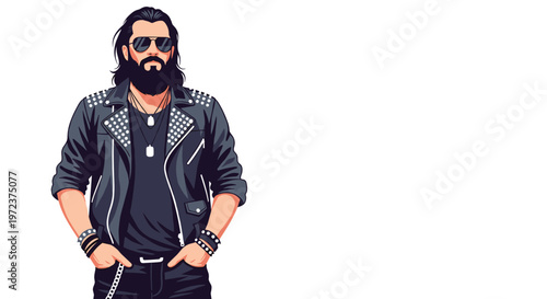 Portrait of a man with long hair and a beard wearing a black leather jacket with studs and sunglasses for a rock music style concept.