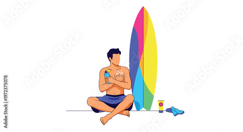 Young man sitting on the sand applying sunscreen to his chest near a colorful surfboard and sun protection products for beach safety.