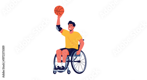Male athlete in a wheelchair playing basketball while holding the ball high above his head for para-sports and inclusivity concept.