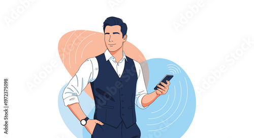 Confident and stylish modern man wearing a professional vest and shirt while holding a smartphone against a colorful abstract background.