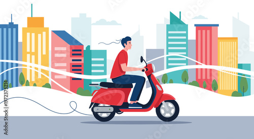 Energetic young man riding a red motor scooter through a vibrant and colorful stylized city landscape during a commute.