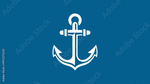 White anchor symbol on a blue background, maritime concept.