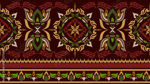 Luxury Traditional Thai Ornate Seamless Pattern with Golden Rosette and Floral Motifs on Deep Maroon Background Vector