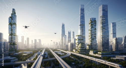 Futuristic Cityscape with Advanced Transportation and Green Architecture