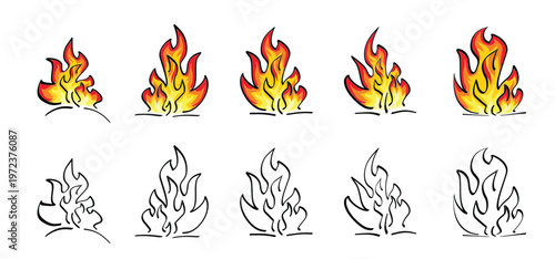 Collection fire flame. Fire flames icon set. Bonfire, heat wildfire or campfire concept. Cartoon burn power fiery. Ablaze. Red, orange and yellow fire flames. Torch flame. Inferno fire.