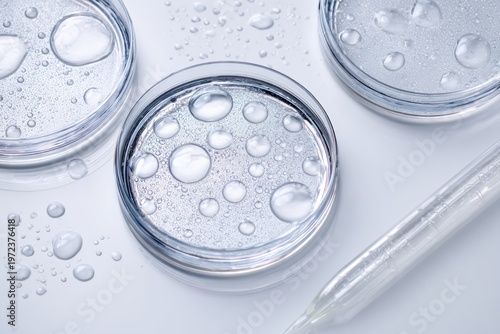 Close up of petri dishes with water droplets and pipette for scientific research.