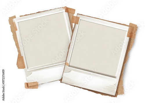 Two blank vintage polaroid photos with tape on white background.