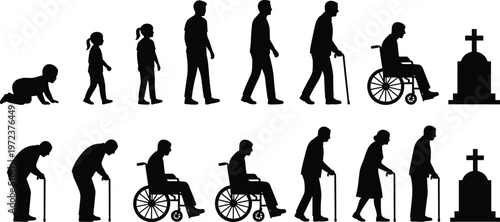 Aging Process and Life Cycle Silhouette Set Representing Human Growth From Infancy to Senior Years Including Disability Healthcare Mobility Challenges and Final Resting Place