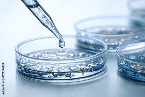Close-up of a pipette dropping liquid into a petri dish in a laboratory setting.