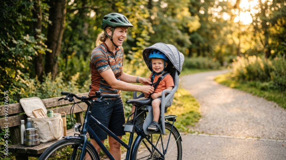 Fototapeta premium a bold composition features a 34-year-old white female cyclist, her expression of joy while preparing to ride with her child in a bike seat taking center stage. the