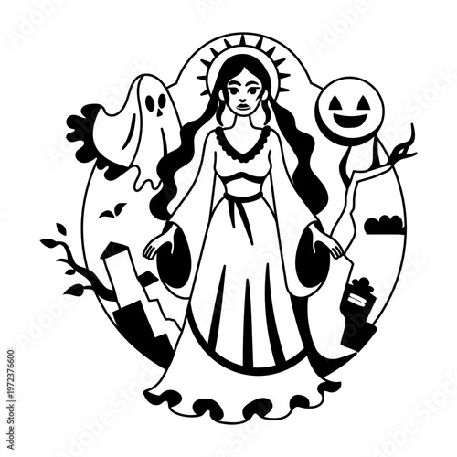 A glyph illustration of spooky witch with ghost and moon mascot