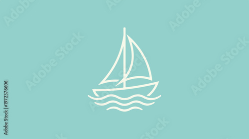 Simple illustration of a sailboat on a turquoise background, minimalist design.
