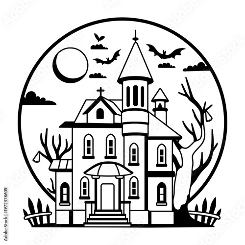 A glyph illustration of a haunted house and bats flying around it